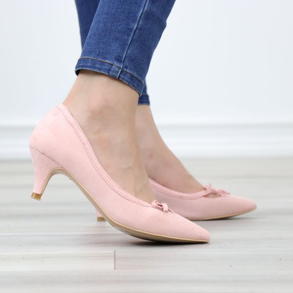 Pink Bow Vintage Style Pointed Toe Faux Suede Kitten Low Heel Shoes - Picture 7 of 13